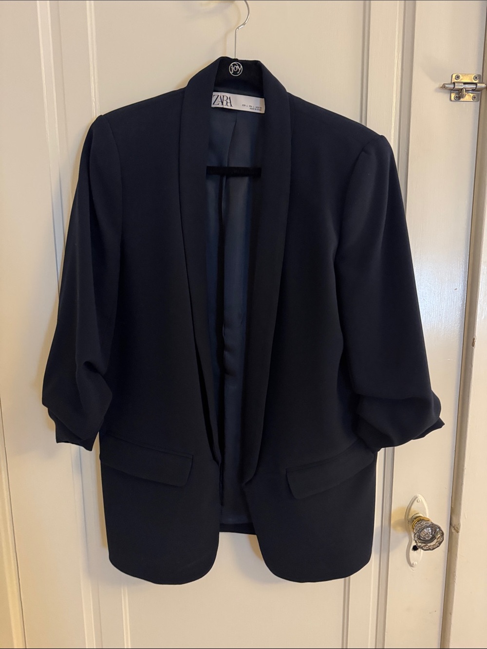 Zara Women's Dark Navy Open-Front Blazer with Shawl Lapel